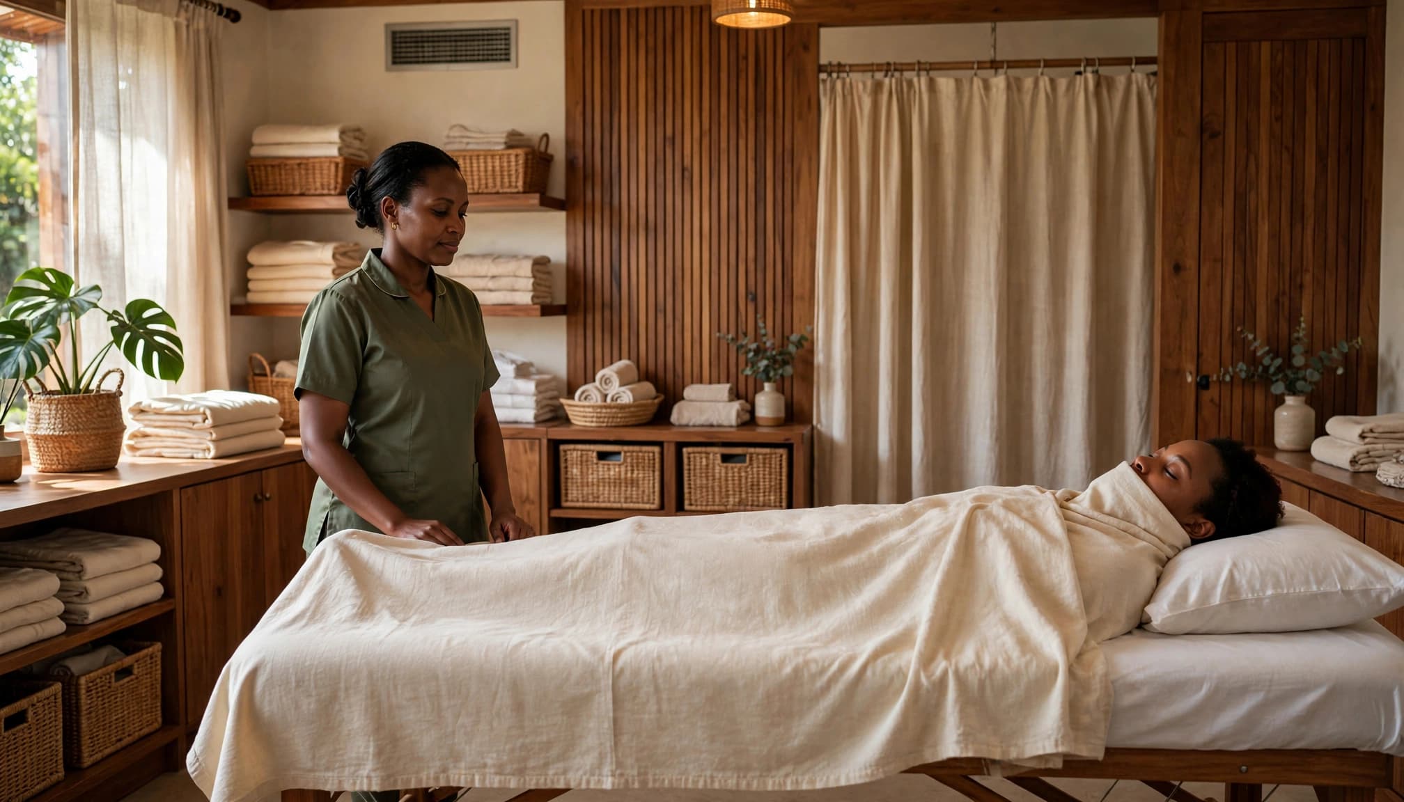 A draped client rests on a massage table as a therapist prepares a tidy spa room.