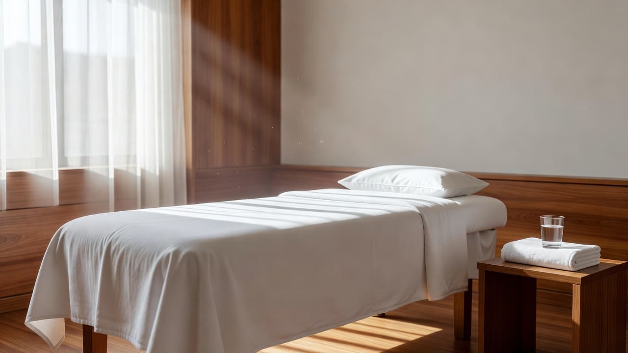 A plush massage table with clean white linens sits centered in a serene room. Warm wooden furniture and a glass of water on a side table create a calming, professional atmosphere.