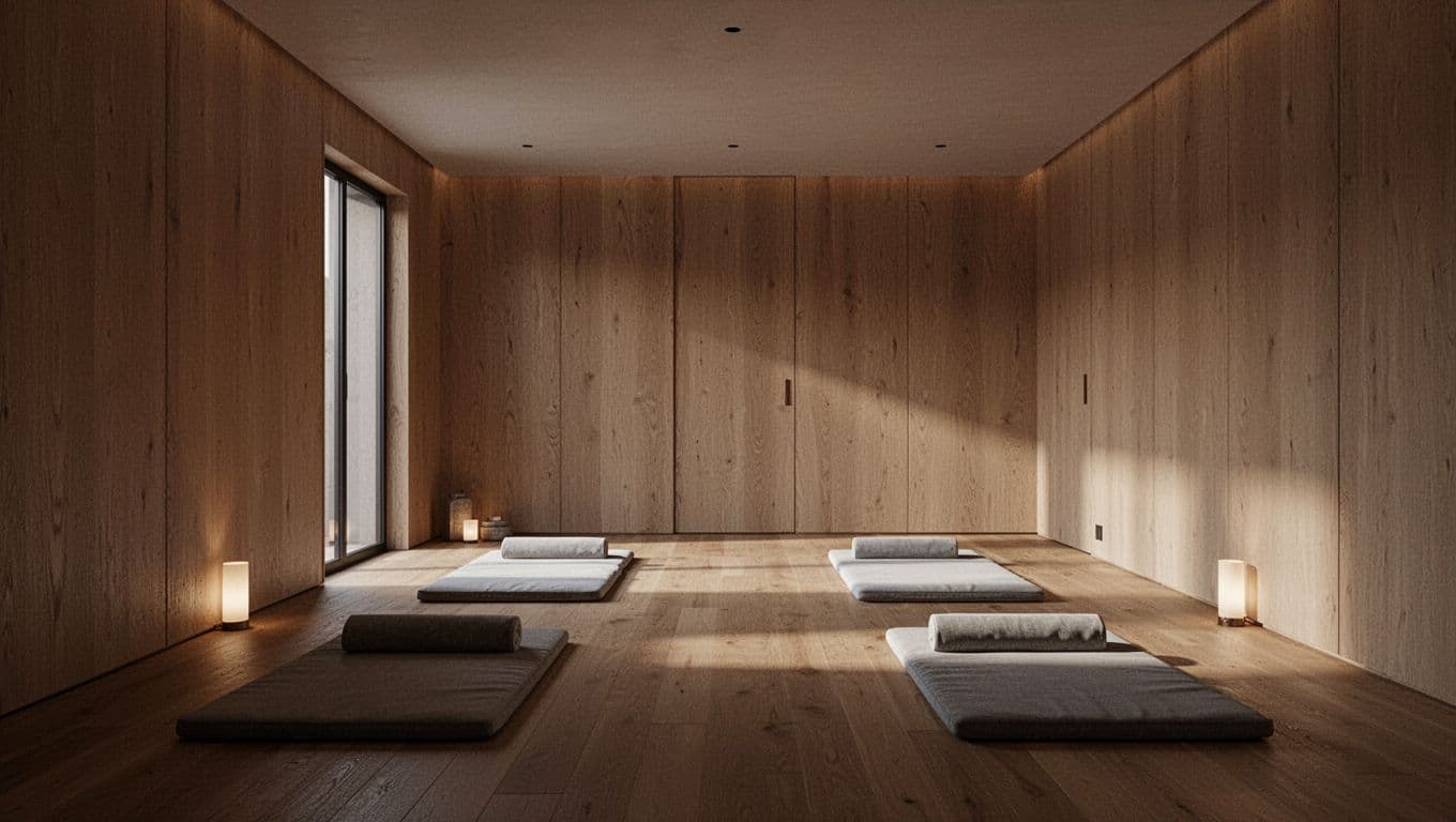 A tranquil spa chamber features smooth polished wood flooring and plush floor mats arranged for comfort. Warm ambient lighting glows against textured walls, creating a peaceful sanctuary for professional holistic treatments.