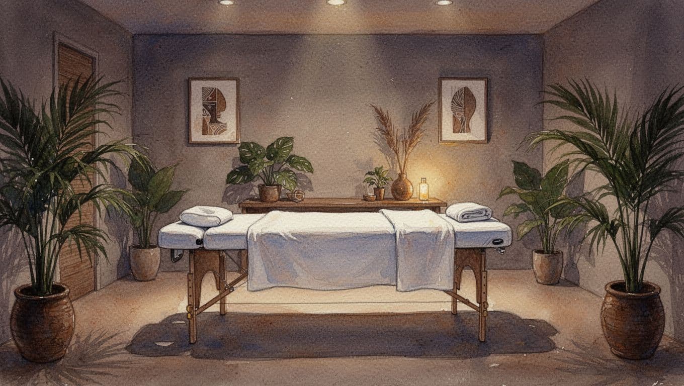 A minimalist massage bed sits centrally in a dimly lit Nairobi spa room featuring watercolor textures. Tropical green plants frame the walls, while warm amber lighting creates a soft, tranquil atmosphere.