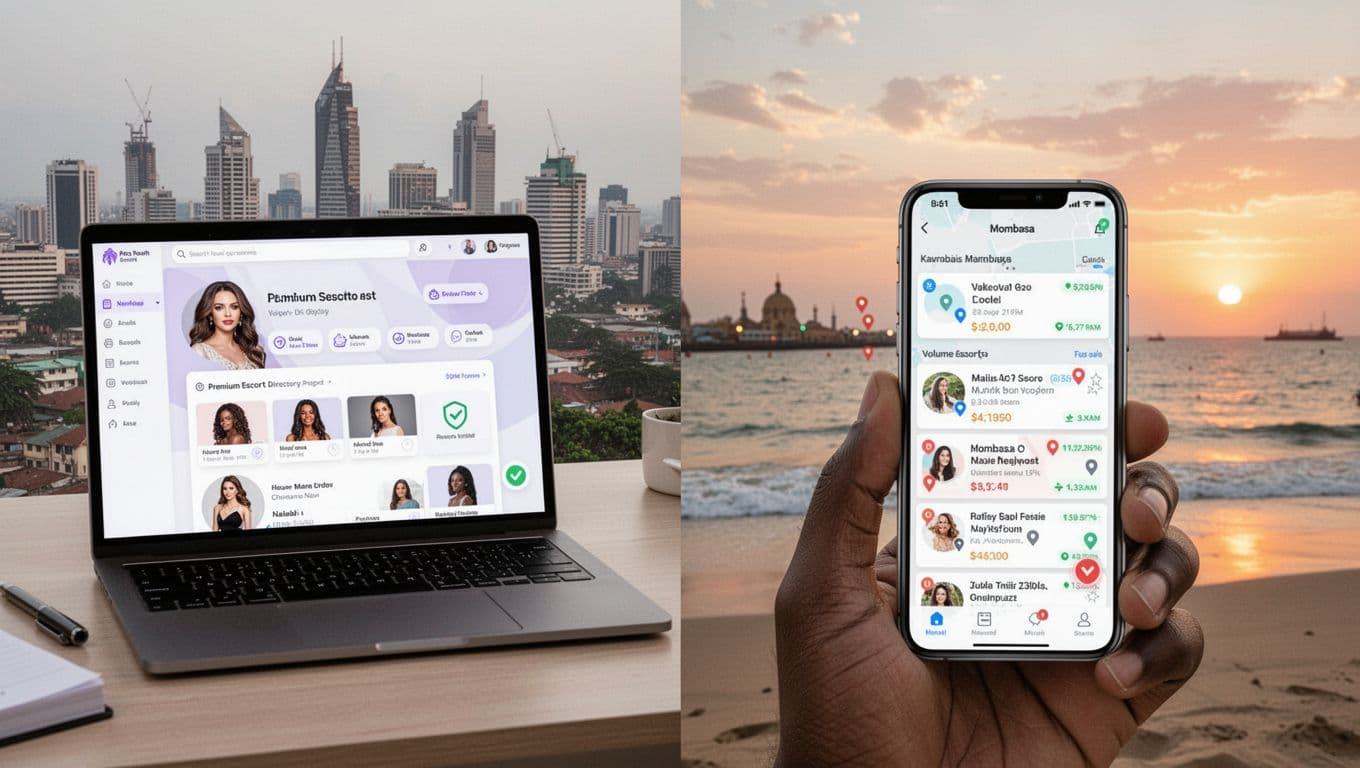 Split landscape view with a modern laptop showing premium escort directory interface against Nairobi skyline on the left, and a smartphone displaying busier local listings against Mombasa beach sunset on the right. Clean professional style with natural daylight, no people or text.