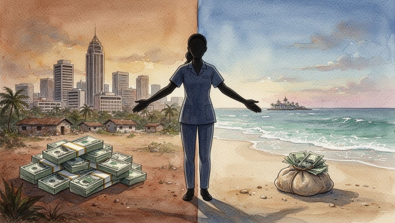 Split scene watercolor illustration showing Nairobi skyline with money stacks on the left and Mombasa beach with a paycheck on the right, bridged by a central massage therapist silhouette in warm earthy tones.