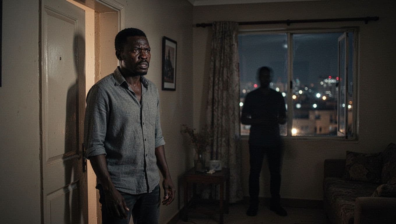Dimly lit short-stay rental apartment interior in Nairobi at night, with one cautious man standing warily near the entrance door and a blurred shadowy figure in the background near a window with city lights, evoking a tense atmosphere.