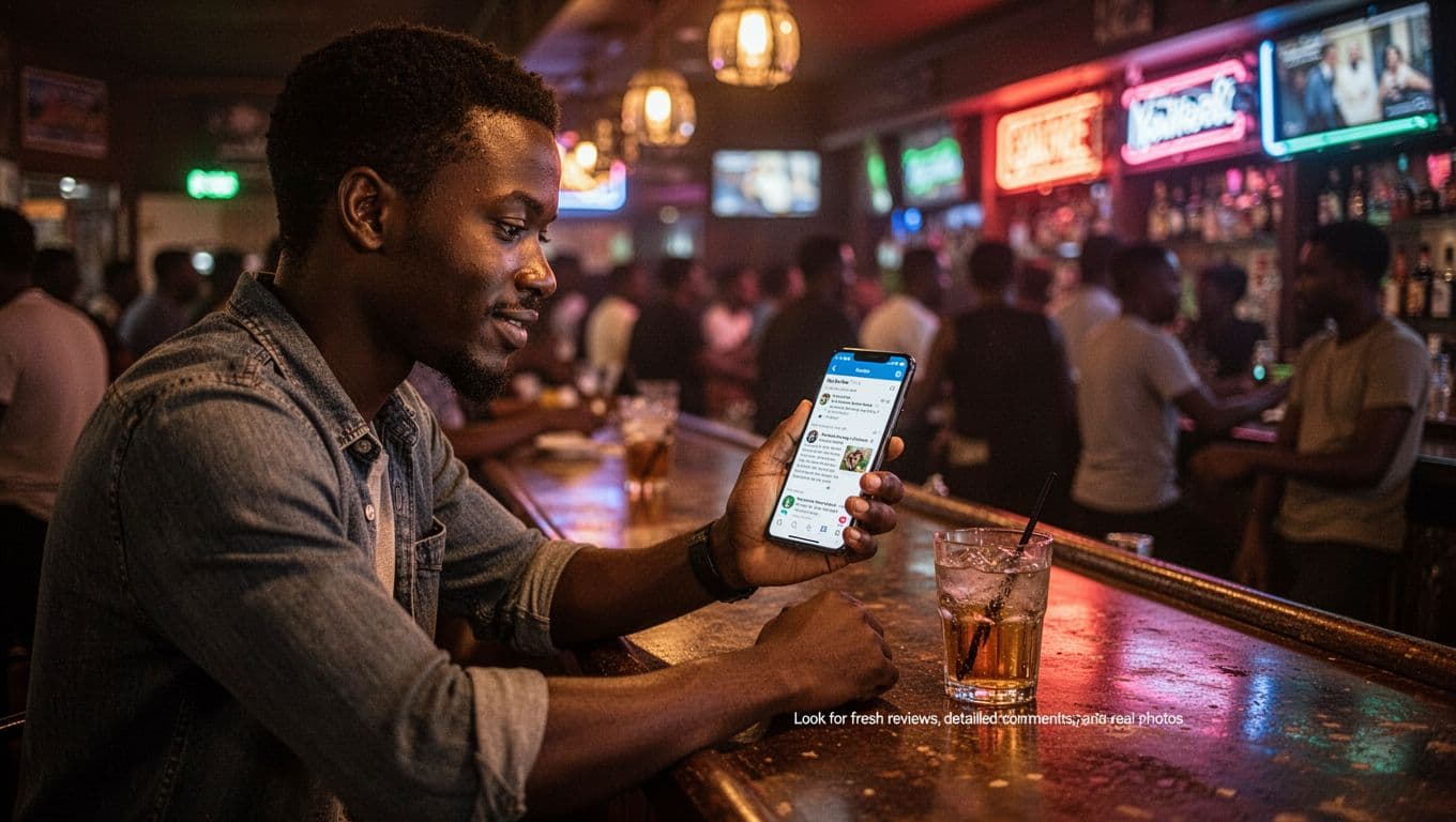 Young adult man at dimly lit Nairobi bar counter at night, reviewing detailed nightlife info on smartphone with screen angled away, relaxed pose, drink nearby, neon lights, blurred crowd background, realistic photo.