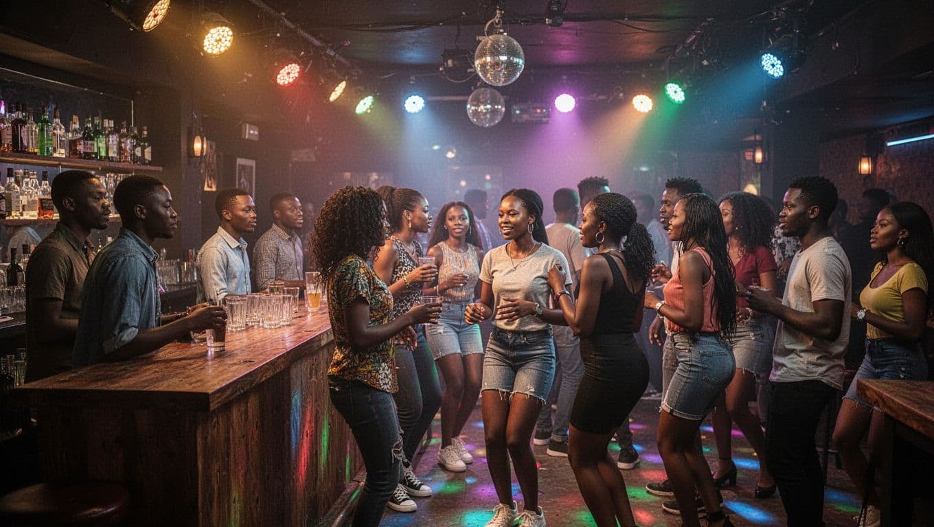 Adult Entertainment in Nairobi for Foreign Visitors at Night Interior of a vibrant Nairobi nightclub at night with a mixed crowd of young adults casually mingling near the bar and dance floor under colorful overhead lights, capturing an energetic yet relaxed social vibe.