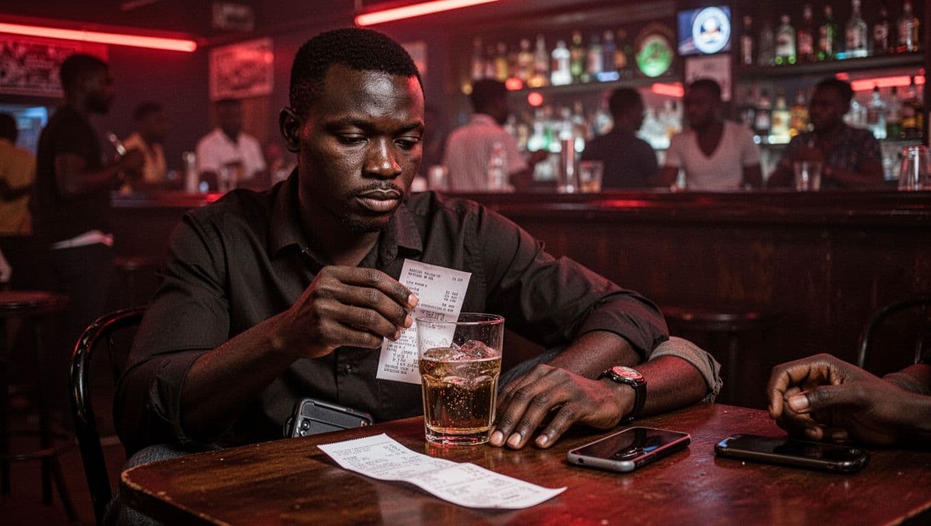 Adult Entertainment in Nairobi for Foreign Visitors at Night A cautious foreigner in a dimly lit Nairobi nightclub examines his receipt and drink closely, hand on glass, phone hidden, amid blurred bar patrons and moody red neon glow.