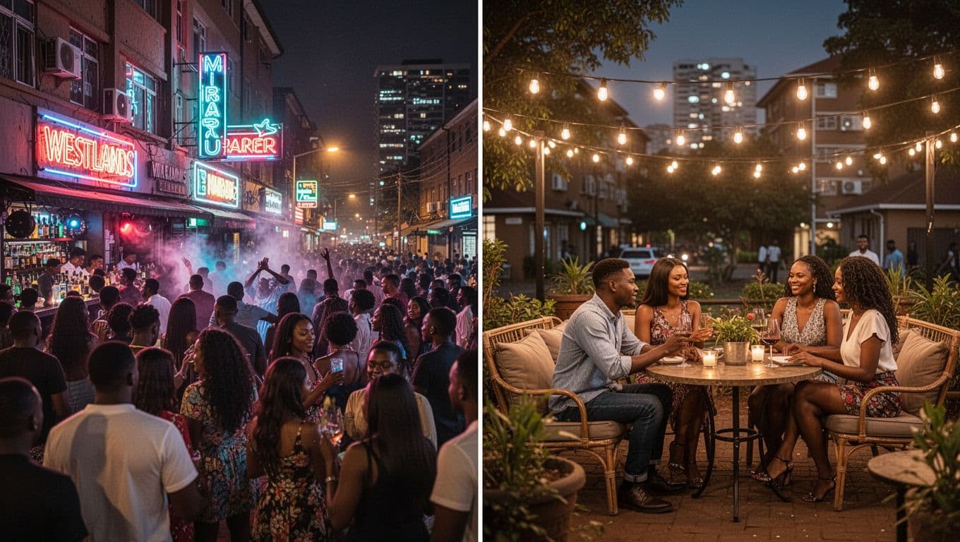 Split composition contrasting Nairobi nightlife: left side shows bustling crowded street bar in Westlands with neon signs and party crowd; right side depicts relaxed outdoor lounge in Kilimani with couples at tables under string lights. Realistic photo style, vibrant colors, balanced composition.