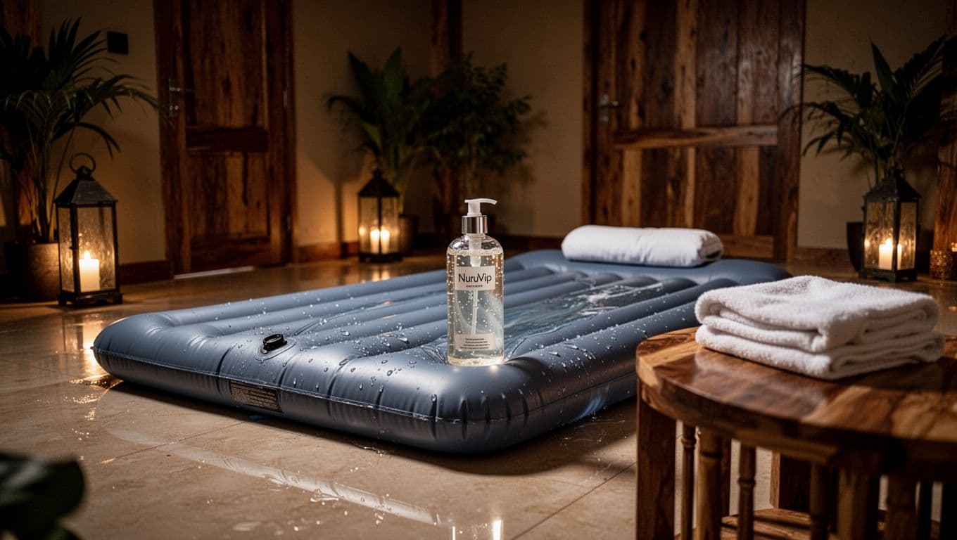 Empty private upscale spa room in Nairobi style prepared for NuruVip session, featuring large waterproof inflatable mat on polished floor, Nuru gel bottle on side table, folded white towels, dim lantern lighting, wooden accents, and green plants.