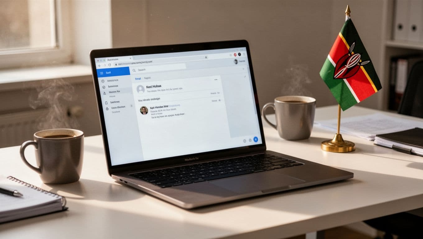 A clean office desk in Nairobi shows a laptop displaying custom domain business email setup at an angle, with a coffee mug and Kenyan flag nearby, under soft morning light. Photorealistic scene with one laptop only, no people or extra objects.