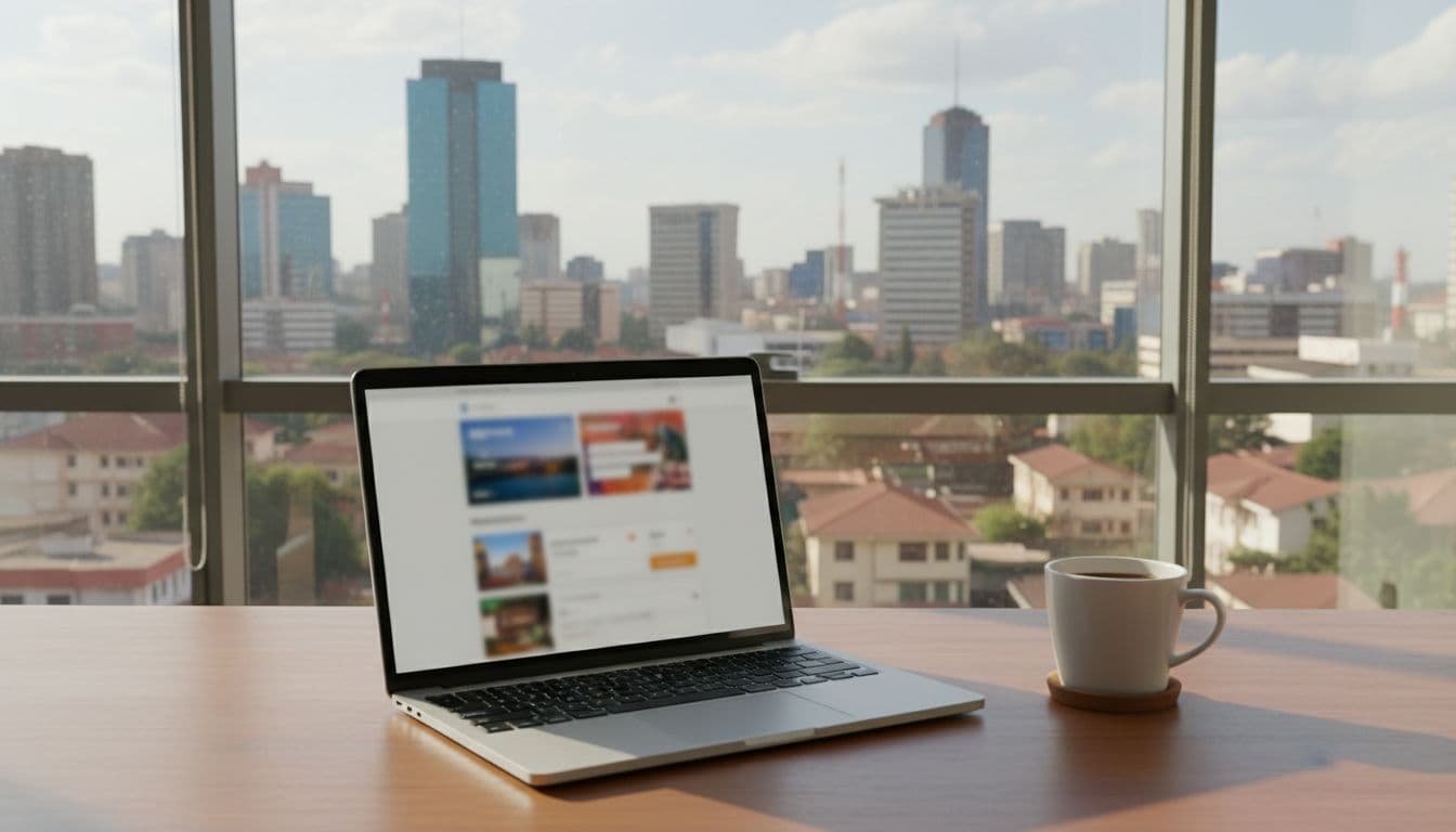 Modern laptop on wooden desk in bright Nairobi office overlooking city skyline, screen showing blurred travel website, coffee mug nearby, natural light, no people.