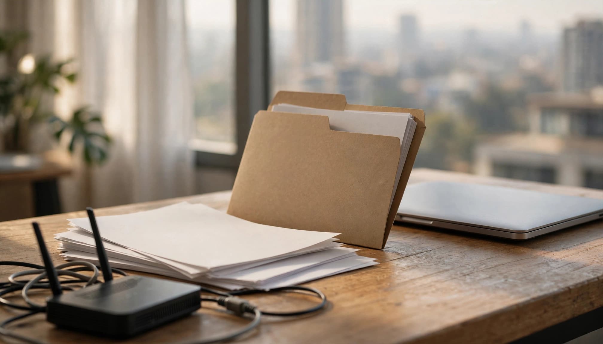 A folder, blank contract pages, closed laptop, and router on a wooden counter.