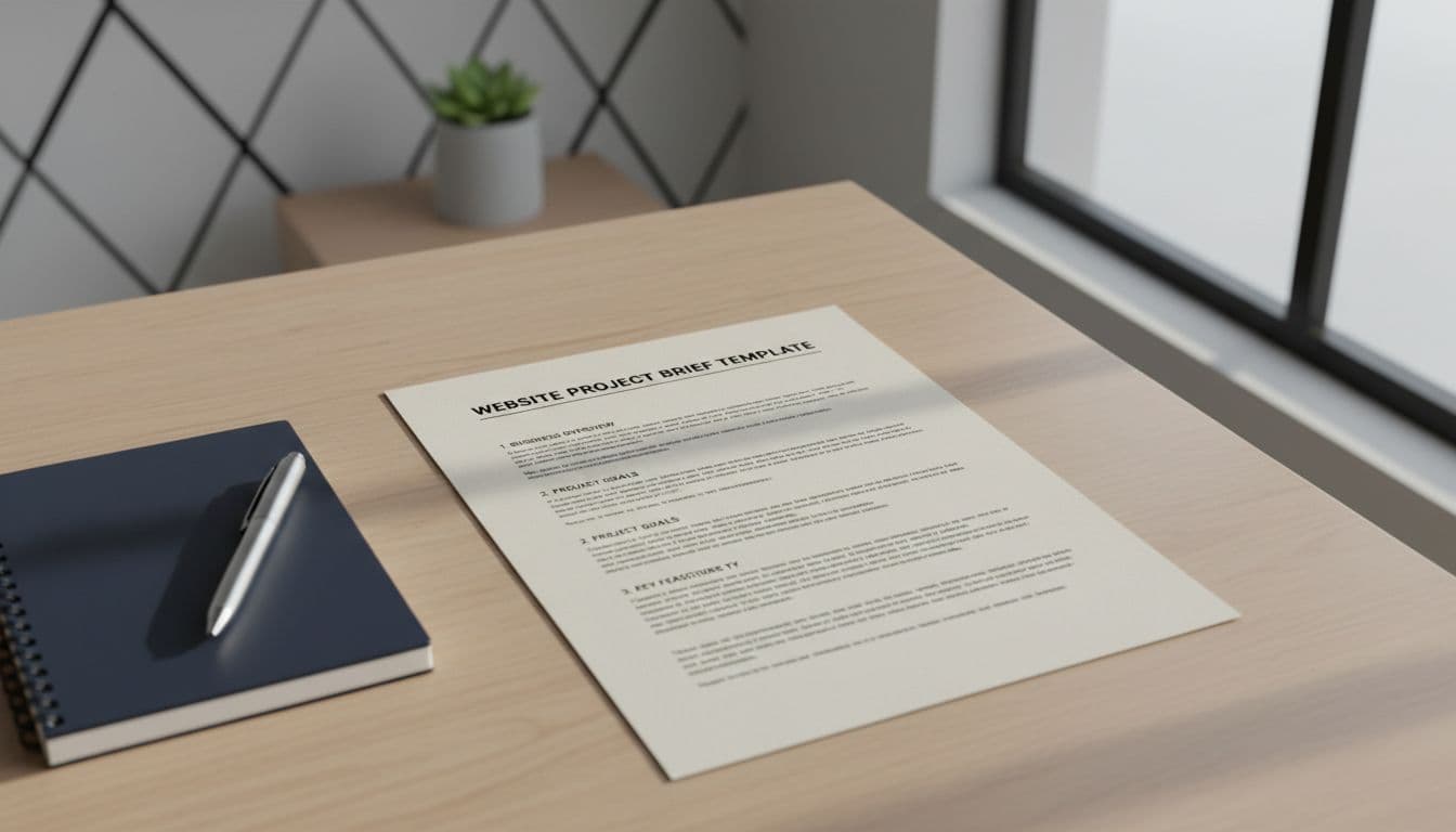 Clean professional website project brief template document on a wooden desk in a modern Nairobi office, top-down composition with natural daylight, notebook and pen nearby, realistic high-detail photo.