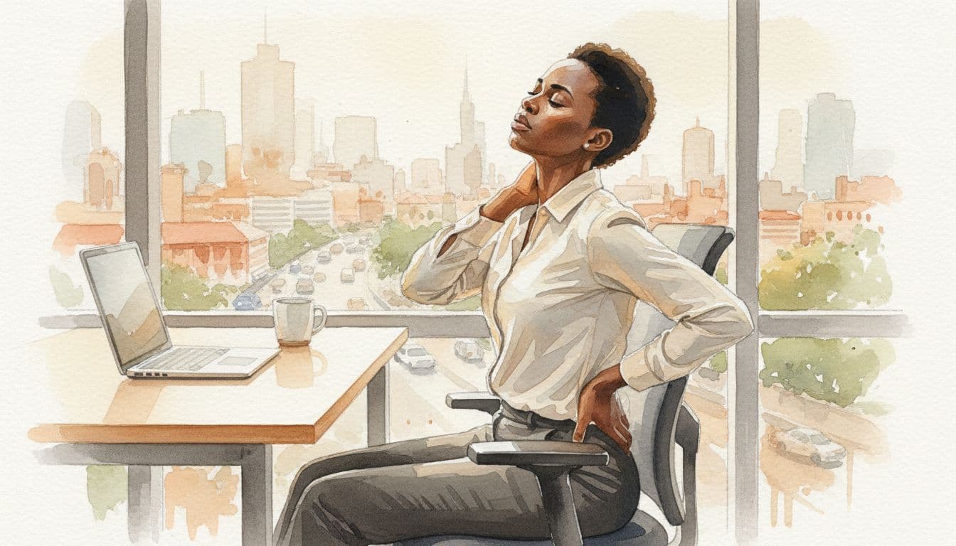 A single young professional sits at a desk in a Nairobi office with city view, gently touching a stiff neck from phone use while lower back tenses from sitting, subtle traffic outside, in watercolor style with soft blending, brush texture, and warm daylight.