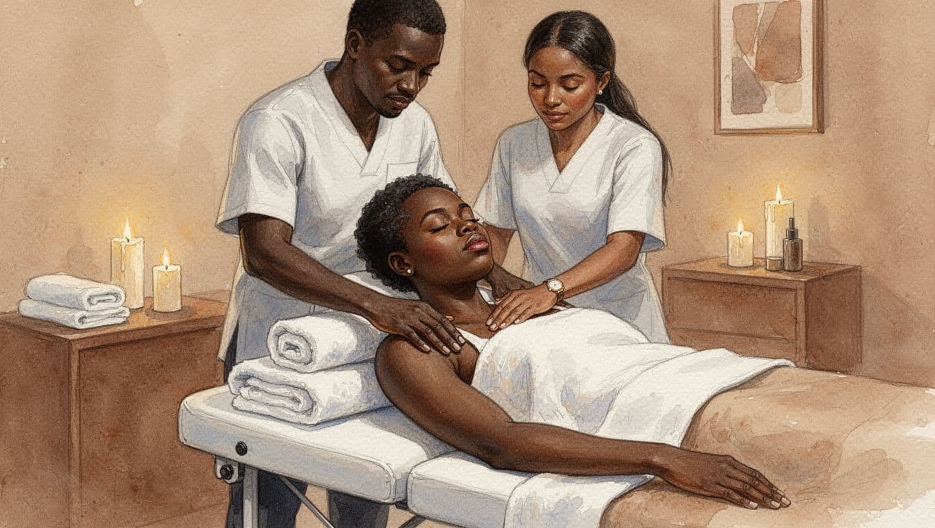 A relaxed office worker from Nairobi receives a shoulder and upper back massage on a table in a peaceful spa room at Classic Comfort, eyes closed in relief with deep breaths, depicted in watercolor style with warm earth tones and soft lighting.