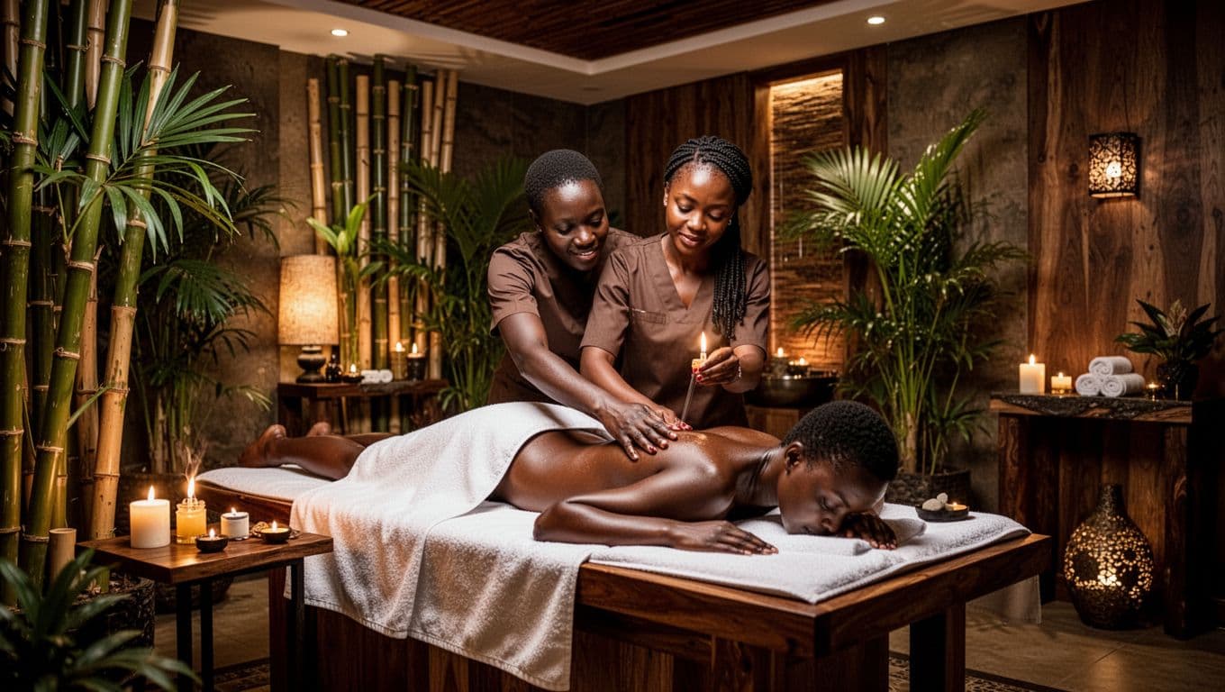 Elegant spa interior in Nairobi Kenya with Balinese therapy setup at ORIKI featuring a female Kenyan therapist applying deep rhythmic massage strokes using warm oils to a face-down client on a table amid bamboo decor tropical plants and ambient lighting.