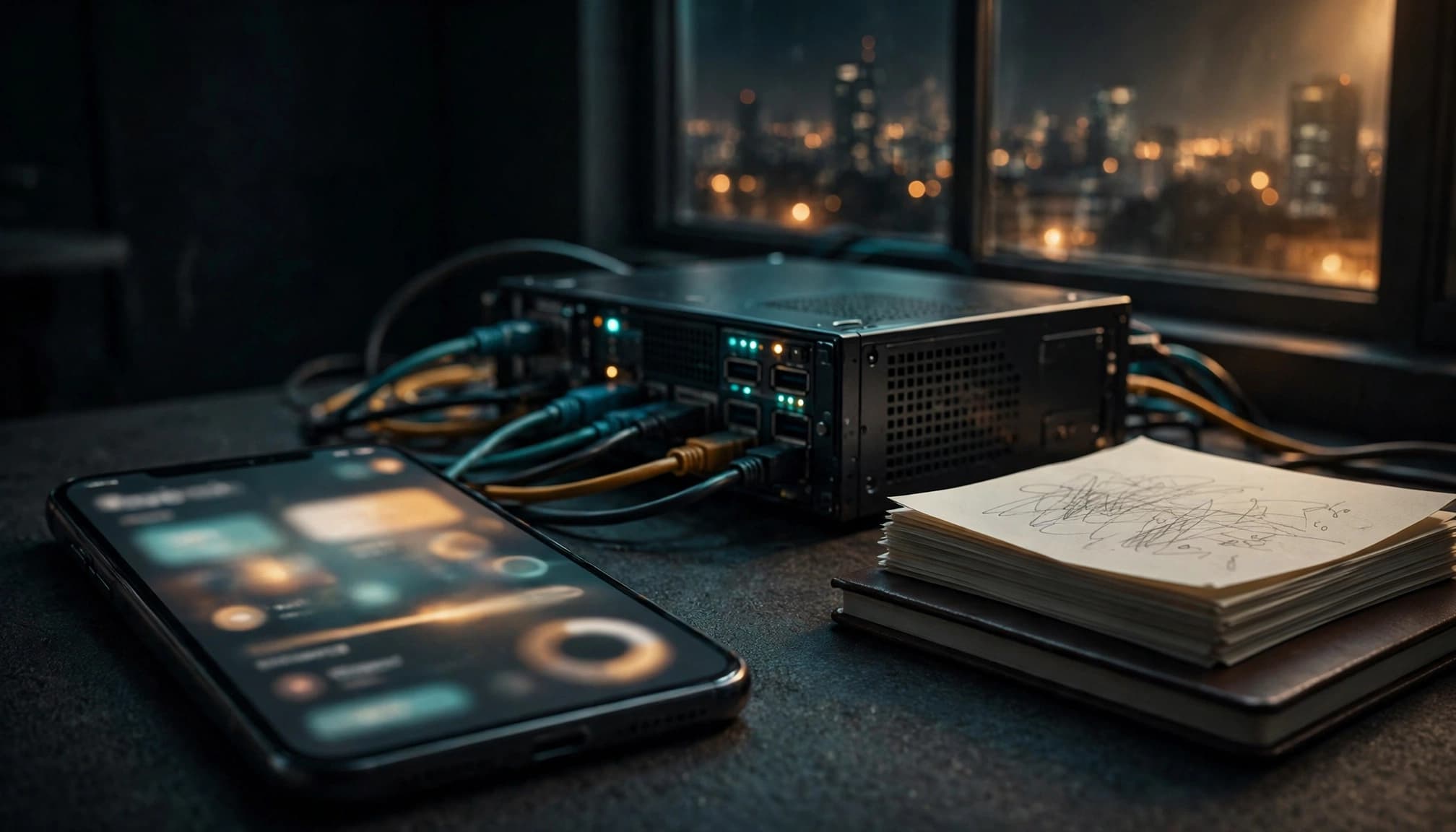 A phone with a blurred checkout screen sits beside server equipment and maintenance notes.
