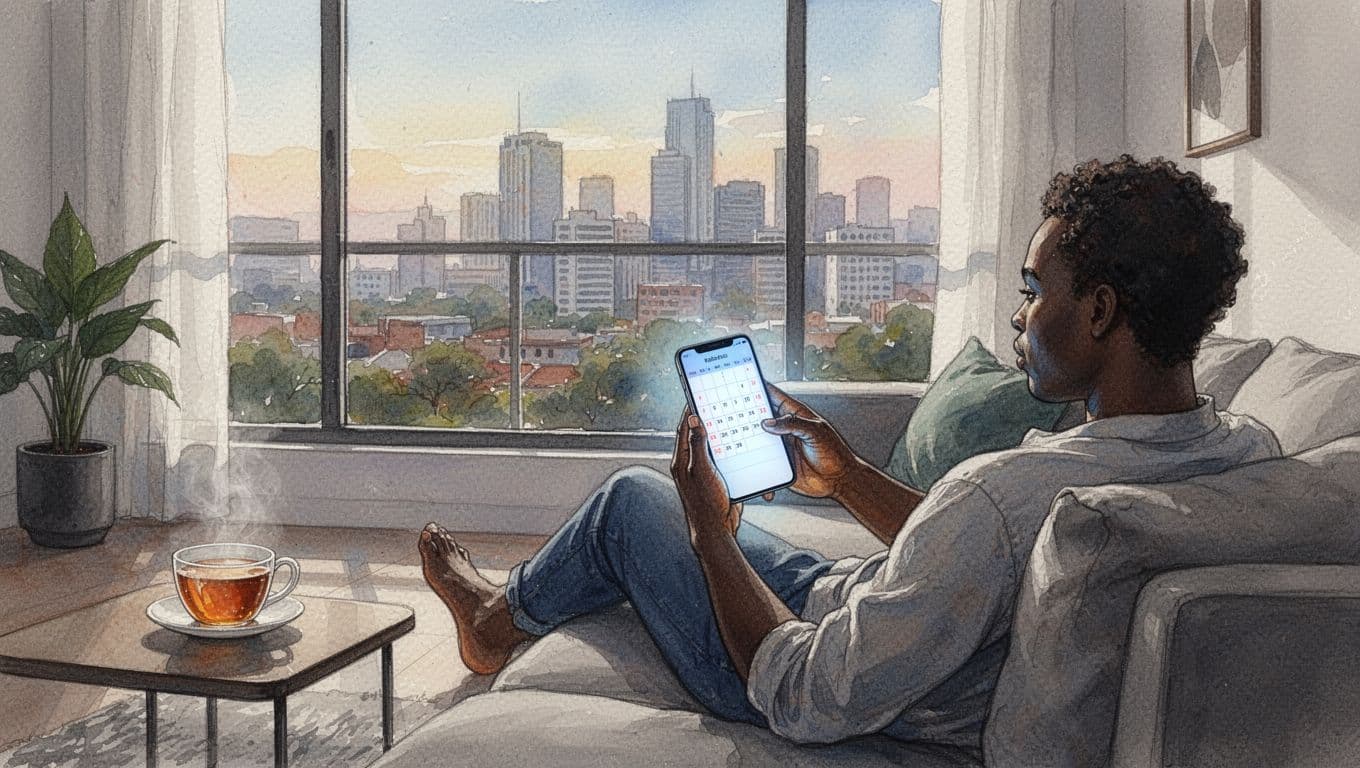 Massage in Nairobi: Types, Prices, and Fortune Spa in Langata 11 Relaxed person on couch in Nairobi apartment views massage booking calendar on phone, tea cup nearby, morning light through window with city view.