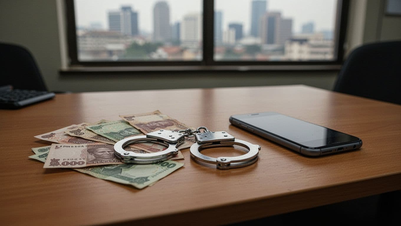 A single pair of silver handcuffs on a plain wooden desk beside scattered Kenyan shilling banknotes and a closed smartphone in a dimly lit Nairobi police station office, with a blurred city skyline visible through the window.
