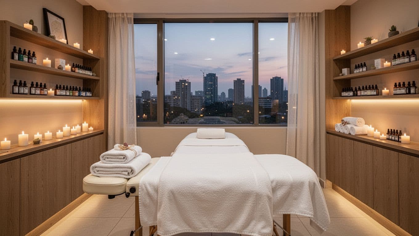 A spotless professional spa room in a Nairobi wellness center features an empty centered massage table with fresh white linens and folded towels, organized shelves of essential oils and candles, soft warm lighting, and a large window with subtle city skyline at dusk.