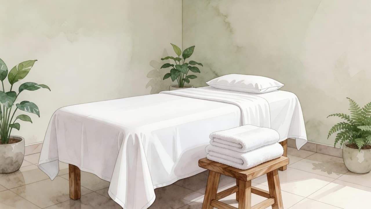 A pristine massage table draped in crisp white linens sits inside a tranquil spa room, complemented by a wooden stool holding folded towels. Soft light enhances the gentle watercolor brush textures.