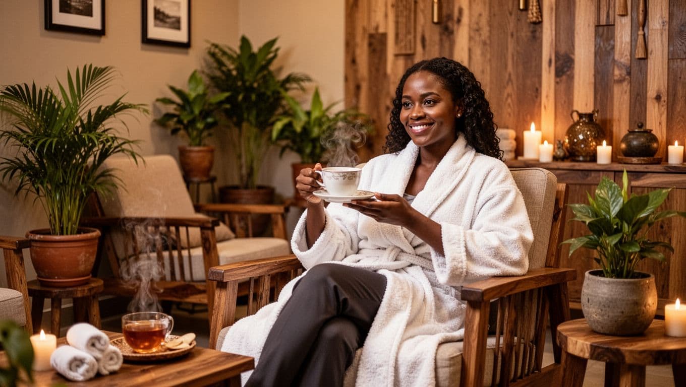 A busy Nairobi professional woman in her 30s relaxes after work in a familiar spa lounge, sitting comfortably with a cup of tea and a soft smile, transitioning from casual work attire to a spa robe amid warm lighting, potted plants, and wooden decor.