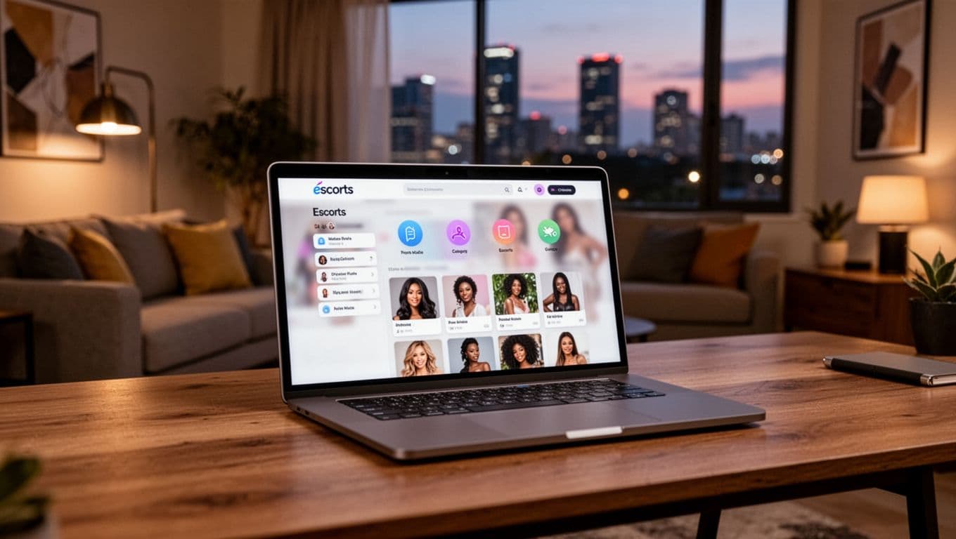 Clean modern laptop on a wooden desk in a stylish Nairobi apartment living room at dusk, showing a blurred escorts directory interface with category icons and profile thumbnails, warm ambient lighting from window with city skyline view.