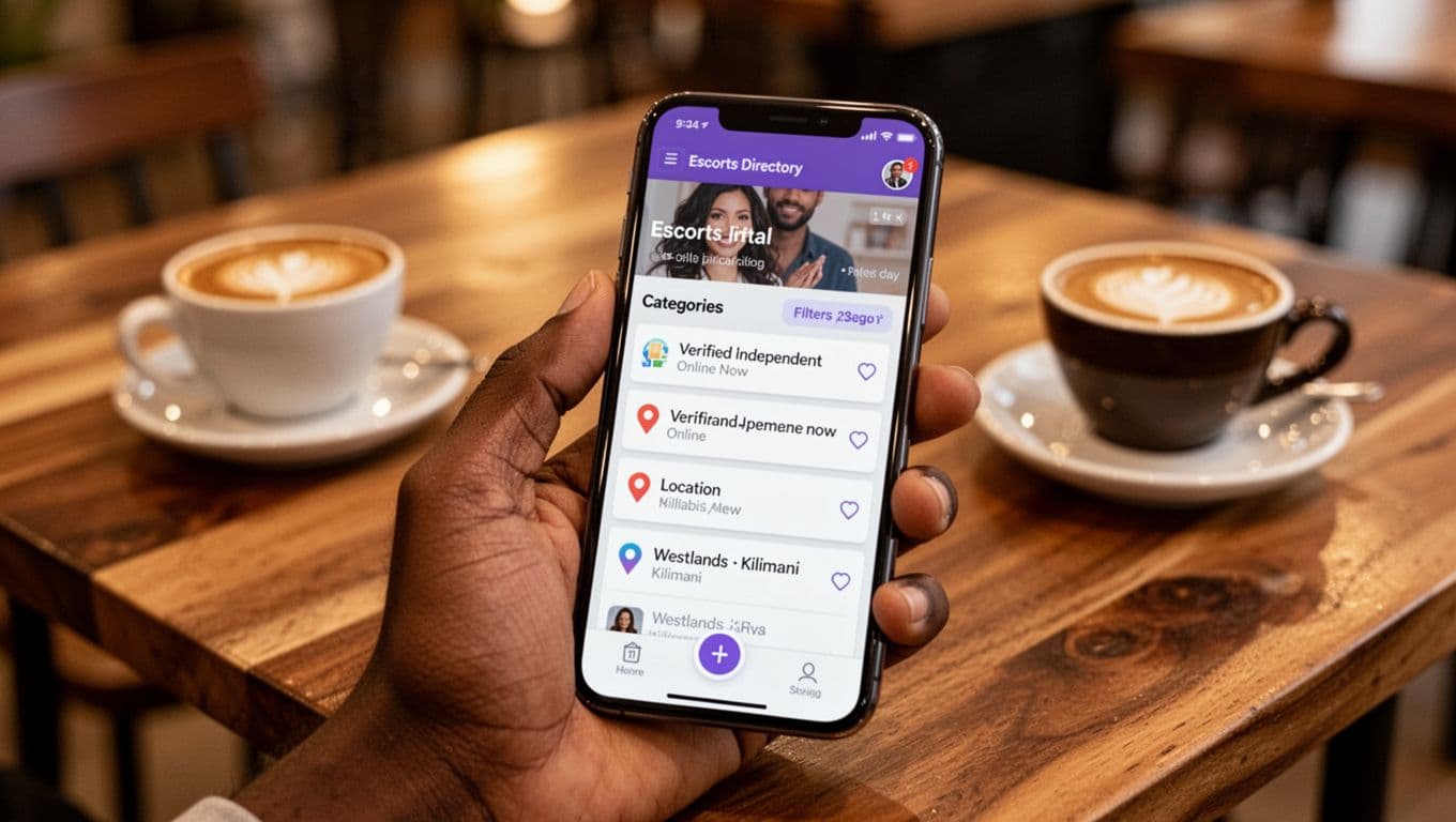 Smartphone screen held naturally in a relaxed hand in a Nairobi cafe with blurred wooden tables and coffee cups background, displaying escorts directory interface with category filters like verified independents, online now, and location pins for Westlands and Kilimani.
