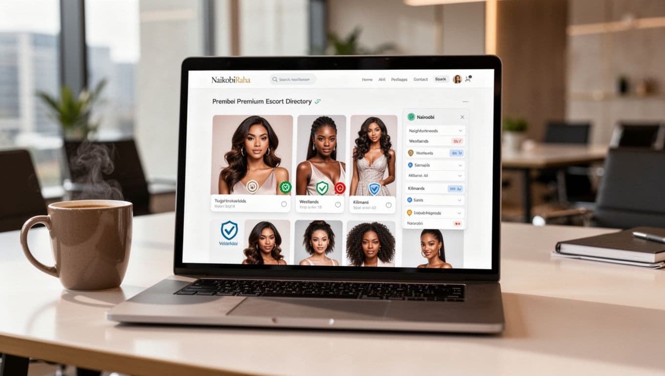Elegant laptop screen showcasing the homepage of Nairobi Raha, a premium escort directory with polished female profiles, verification badges, and Nairobi filters like Westlands and Kilimani, in a minimalist design within a modern upscale office.