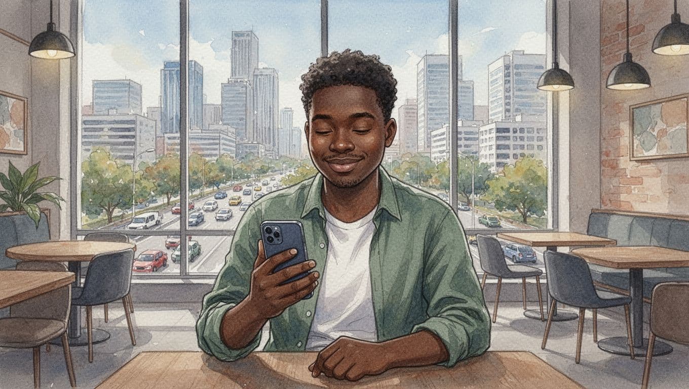 Massage in Nairobi: Types, Prices, and Fortune Spa in Langata 8 Relaxed Nairobi resident in cafe holds smartphone with blurred spa reviews, city skyline and traffic in watercolor background.