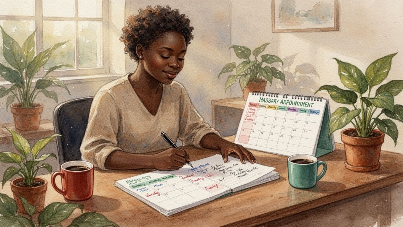 Relaxed Nairobi resident at home desk marks massage appointment on weekly planner amid coffee mug, plants, and morning sunlight, in watercolor style with soft blending and warm earthy tones.