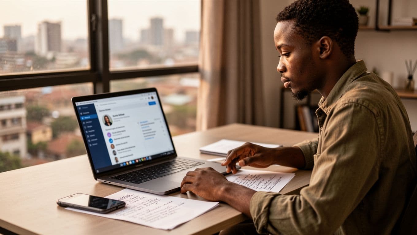A young adult in a modern Nairobi apartment sits at a desk, carefully reviewing a blurred directory profile on an open laptop, with phone and notes nearby, under soft afternoon light from a city-view window.