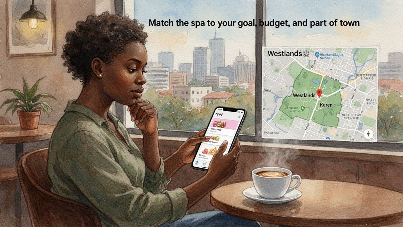 Relaxed Nairobi resident in a cozy cafe browsing spa options on smartphone with map showing Westlands and Karen areas, coffee cup nearby, city view through window, thoughtful expression choosing based on goal and budget. Watercolor style with soft blending, visible brush texture, warm earthy tones.