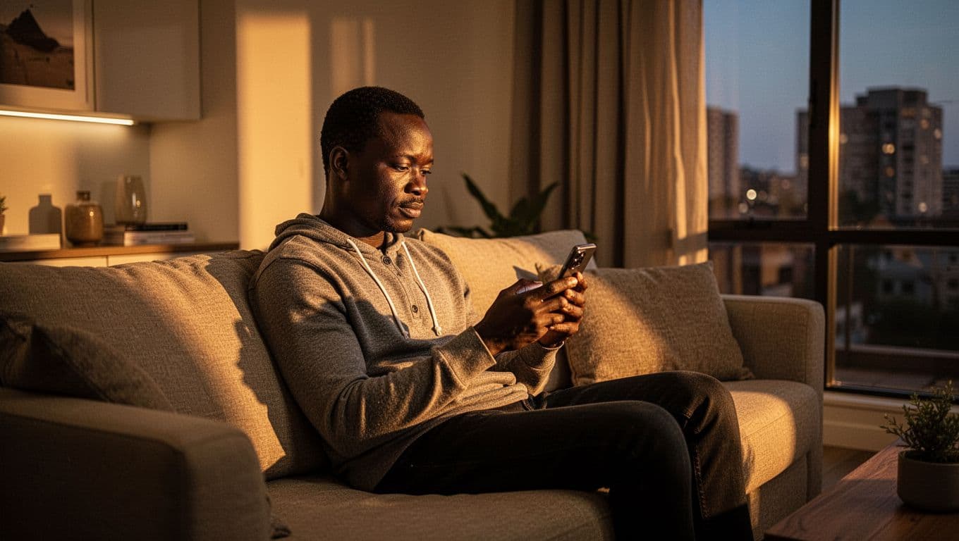 A relaxed Nairobi resident in a cozy modern apartment holds a smartphone, typing a WhatsApp message to book a massage spa session, illuminated by warm golden evening light from the window in cinematic style with strong contrast and depth.