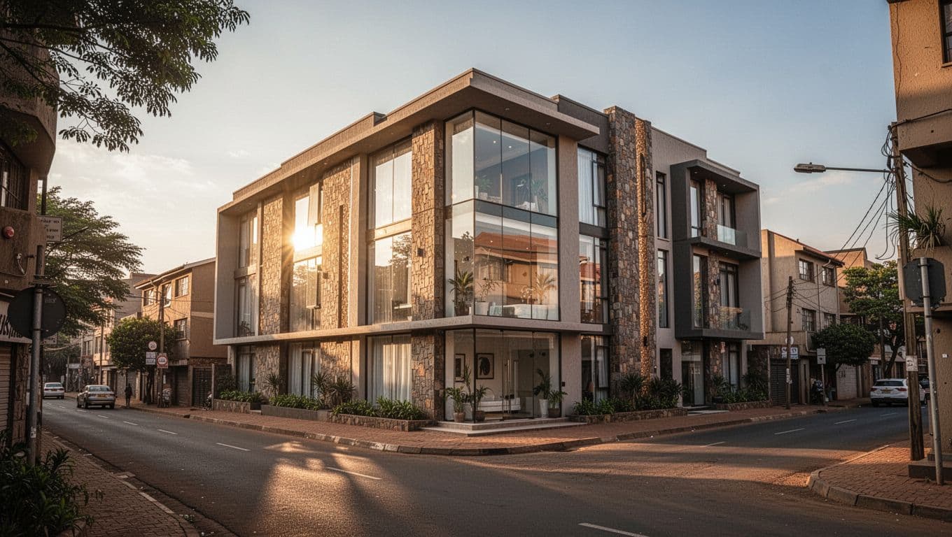 The sunlit stone and wood exterior of a modern spa building in Nairobi.