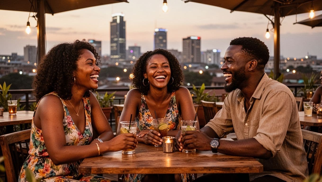 A diverse group of three adults—two women and one man—laughing and chatting relaxedly at a vibrant open-air rooftop bar in Nairobi during early evening, with the city skyline and lights in the background under warm ambient lighting.