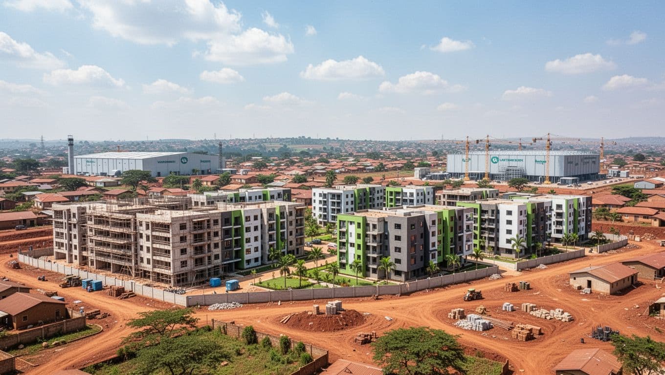Modern mixed-use development with affordable apartments, student housing, and green sustainable features under construction in Nairobi satellite town Ruiru, nearby data center, vibrant Kenyan urban growth scene in bright daylight, landscape realistic photo.