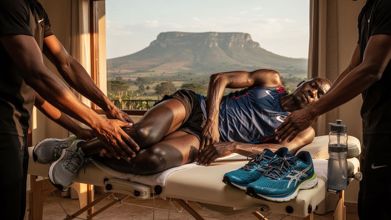 A fit Nairobi runner athlete lies on her side on a massage table receiving targeted recovery massage on calves and thighs by therapist's hands, with muscles visibly relaxing to improve mobility. Running shoes and water bottle nearby in a spa room with subtle Ngong Hills view, captured in cinematic style with warm dramatic lighting and moody shadows.