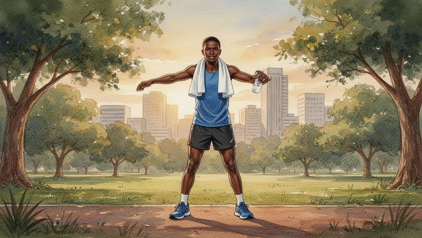 A fit weekend runner in a Nairobi park towel over shoulders lightly stretching with relaxed posture amid green trees and distant city skyline evoking recovery and energy in watercolor style with golden hour lighting.