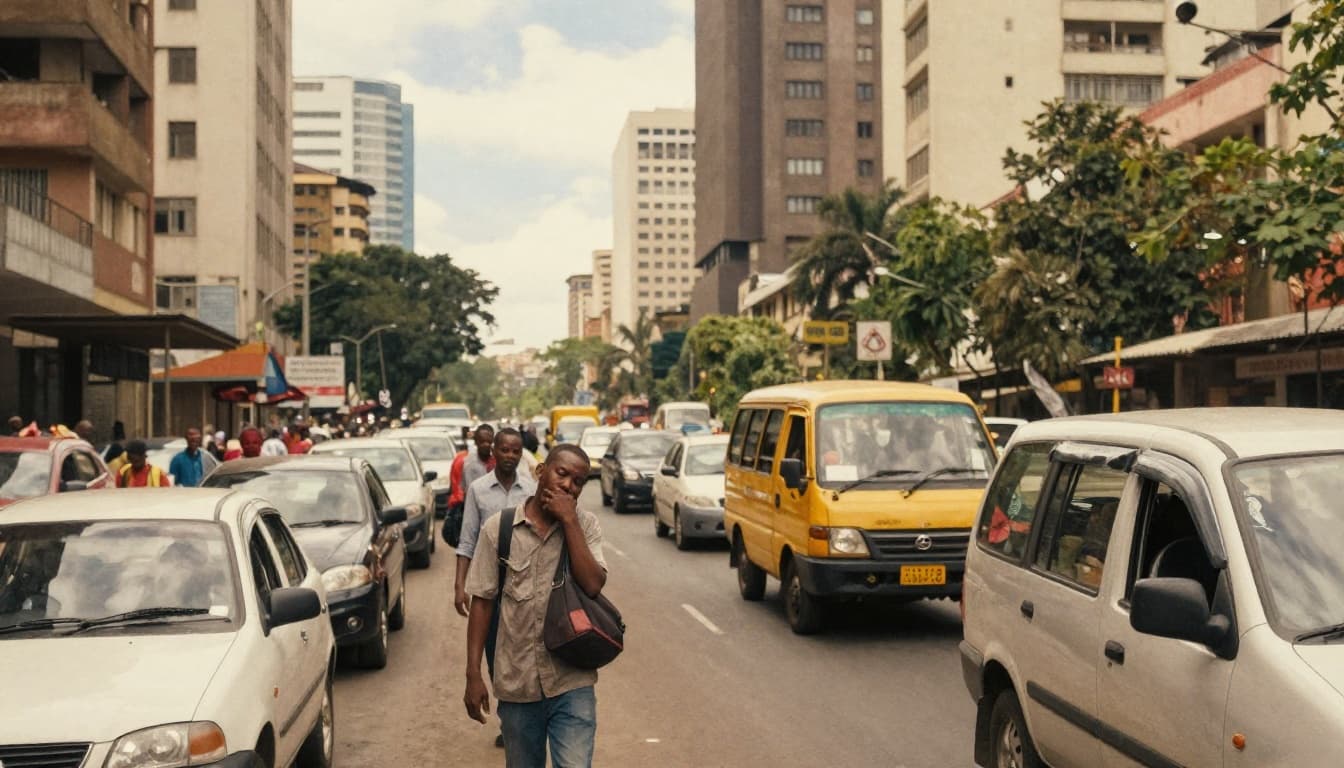 Busy Nairobi street at rush hour filled with heavy traffic including matatus and cars, tired commuters walking with slumped shoulders and bags, office skyscrapers in the background under a partly cloudy sky, rendered in watercolor style with soft blending and warm earthy tones.