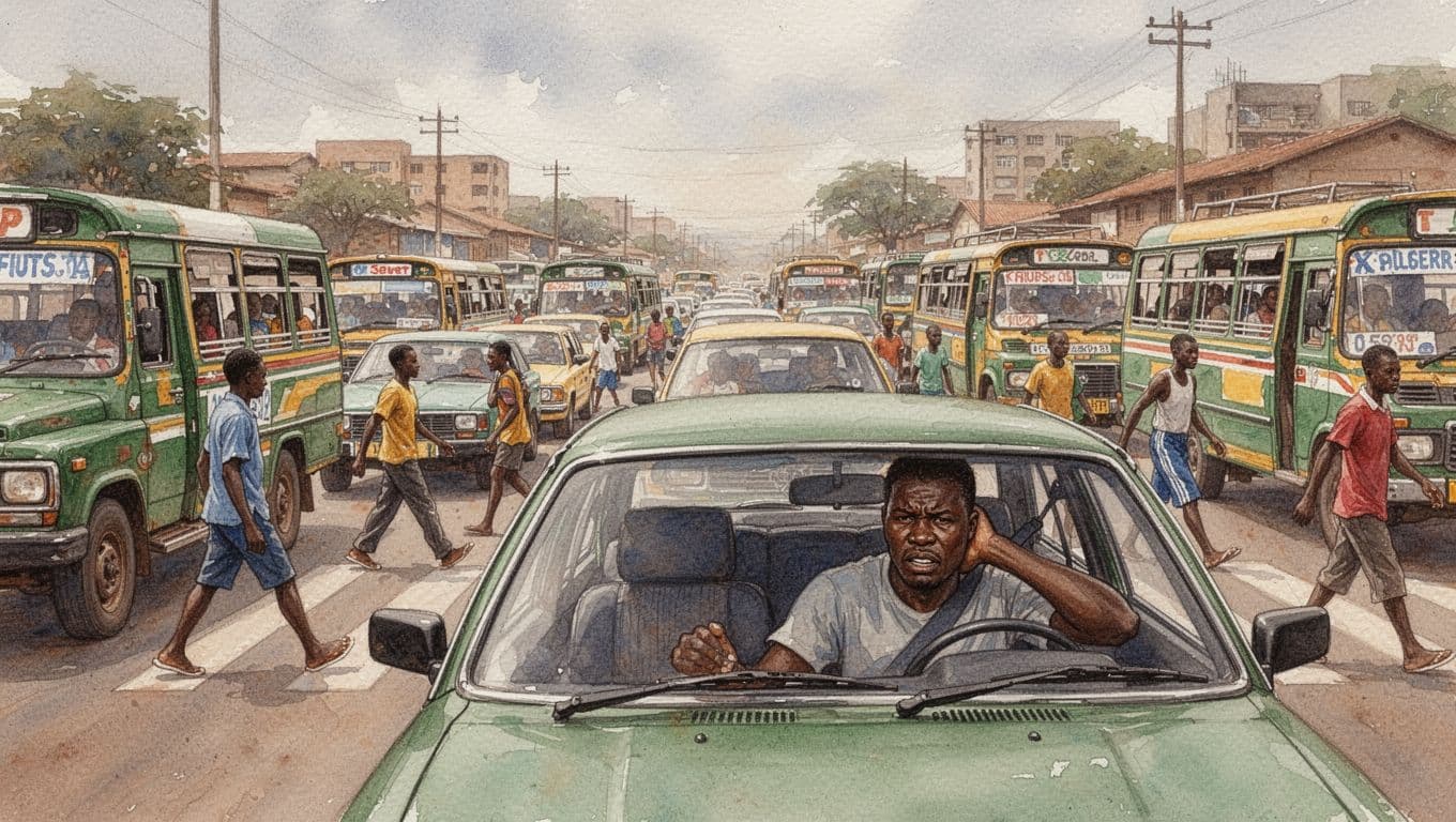 A busy Nairobi rush hour traffic scene with matatus, cars, and pedestrians, featuring exactly one visible driver in the foreground car looking tense while rubbing their neck. Watercolor style with soft blending, visible brush texture, warm earthy palette, and natural overcast lighting.