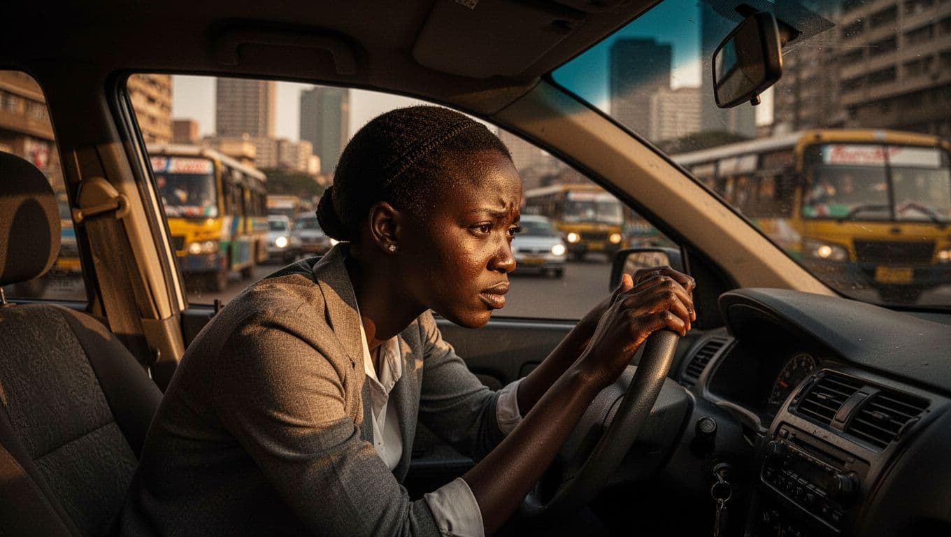A young professional Kenyan woman slumps wearily in her car during rush hour in Nairobi, with tense shoulders and blurred urban backdrop at golden hour.