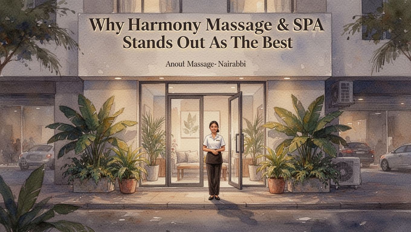 Serene watercolor depiction of a clean modern spa facade in Nairobi, with tropical plants, soft evening light, and one friendly staff member at the slightly open glass door.