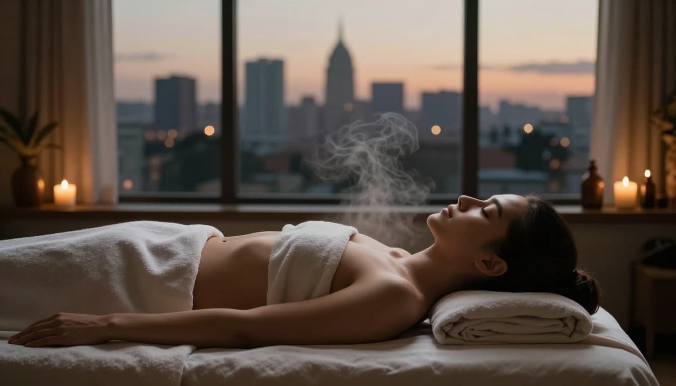 A single relaxed client lies face up on a massage table in a serene Nairobi spa, eyes closed breathing deeply amid soft aromatic vapors and faint city skyline through the window at dusk.