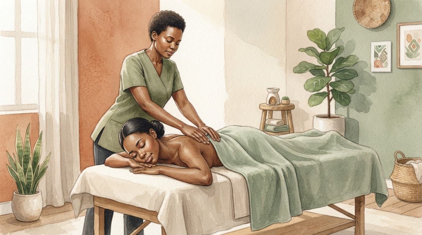 A therapist massages a draped woman's shoulders in a softly lit wellness room.