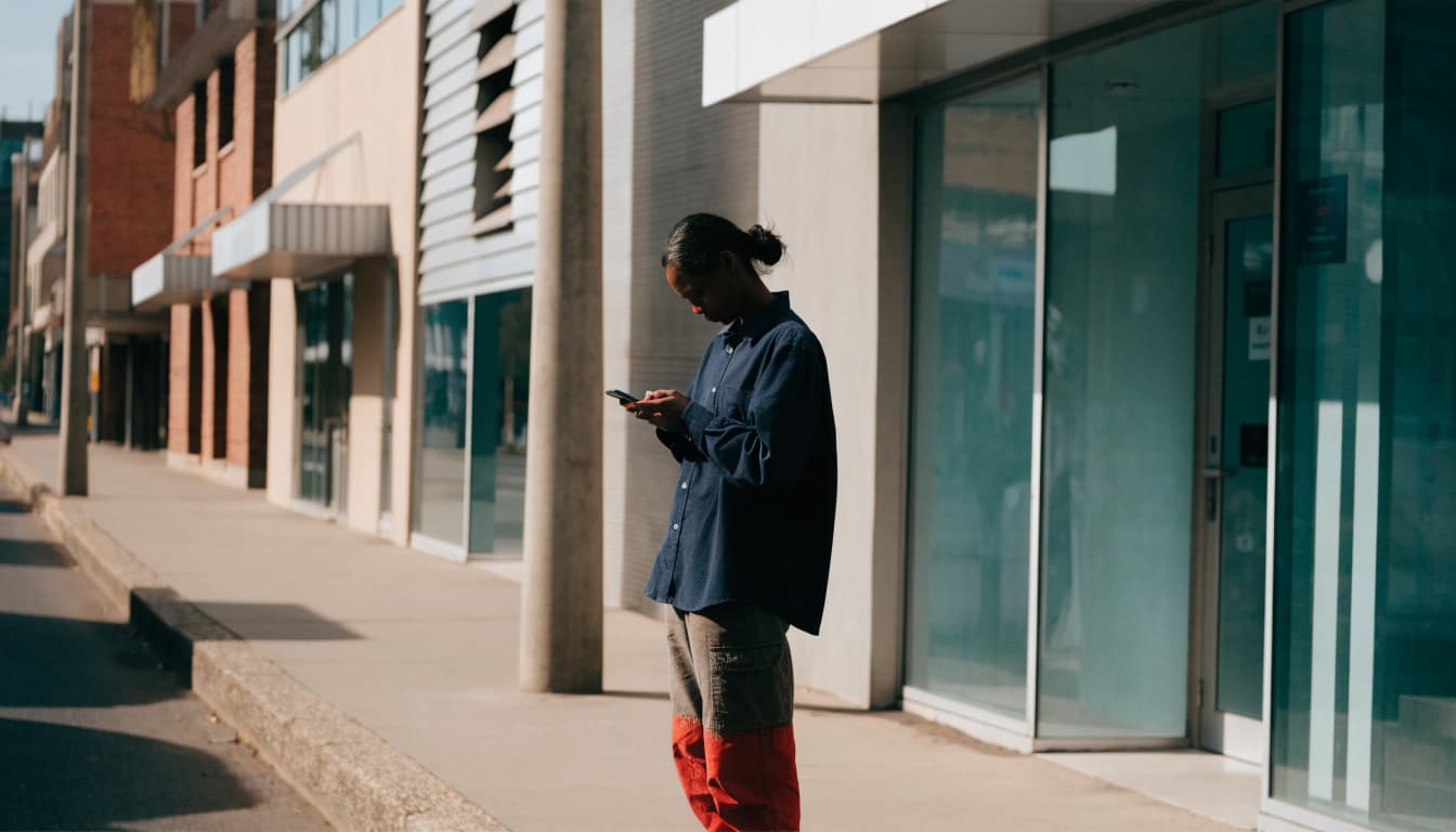Nairobi Escorts: How to Compare Listings and Contact Providers A person stands on a city sidewalk looking down at a smartphone.