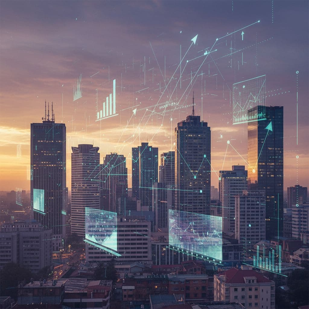 Vibrant Nairobi cityscape at dusk featuring floating digital overlays like search graphs and ad banners, capturing a modern tech vibe for Kenyan business growth.