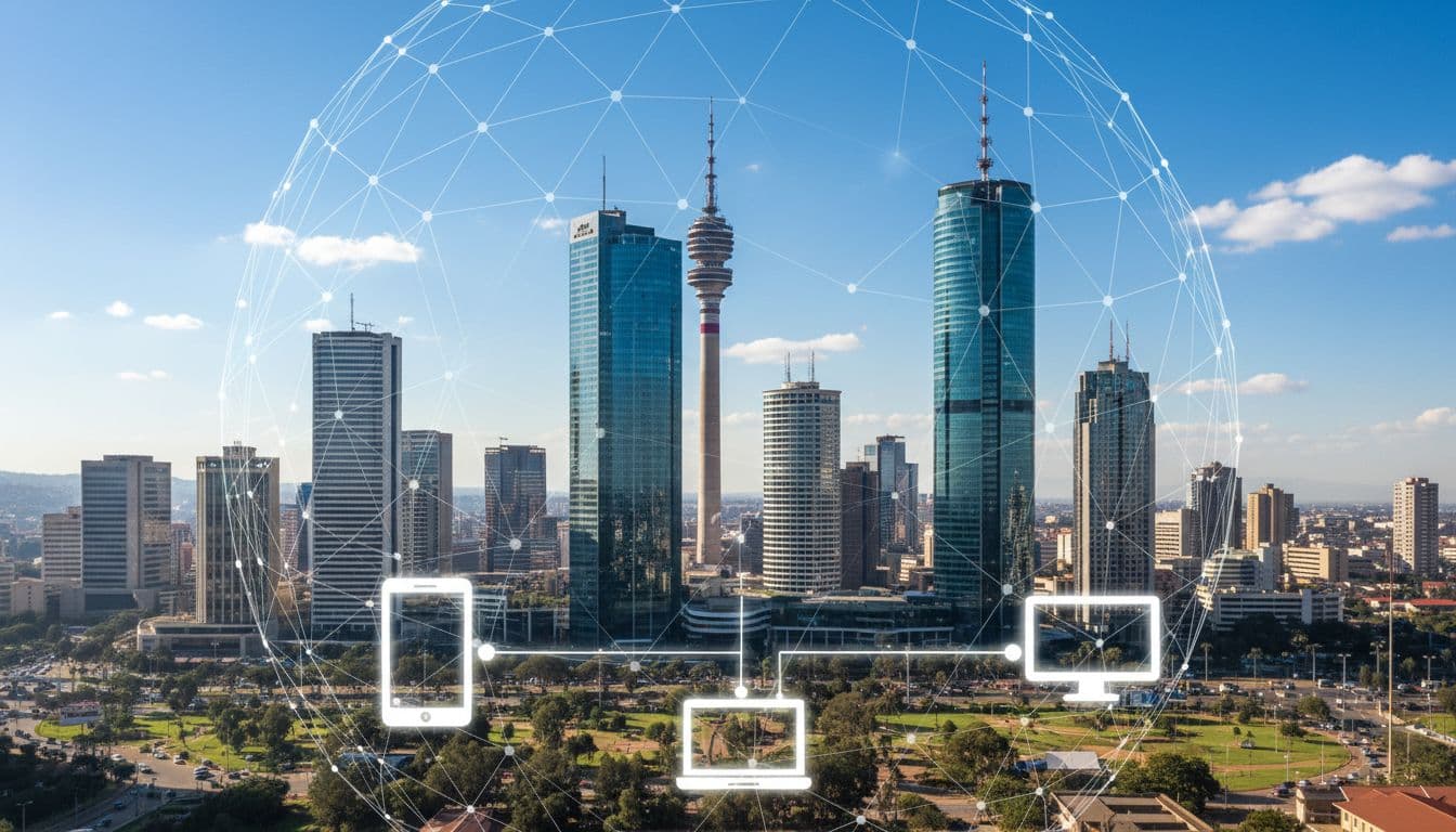 Nairobi skyline featuring modern office buildings under a blue sky, with subtle overlays of digital web wireframe and responsive device icons in the foreground. Sunny daytime realistic photo blended with graphic elements, landscape orientation, high detail.