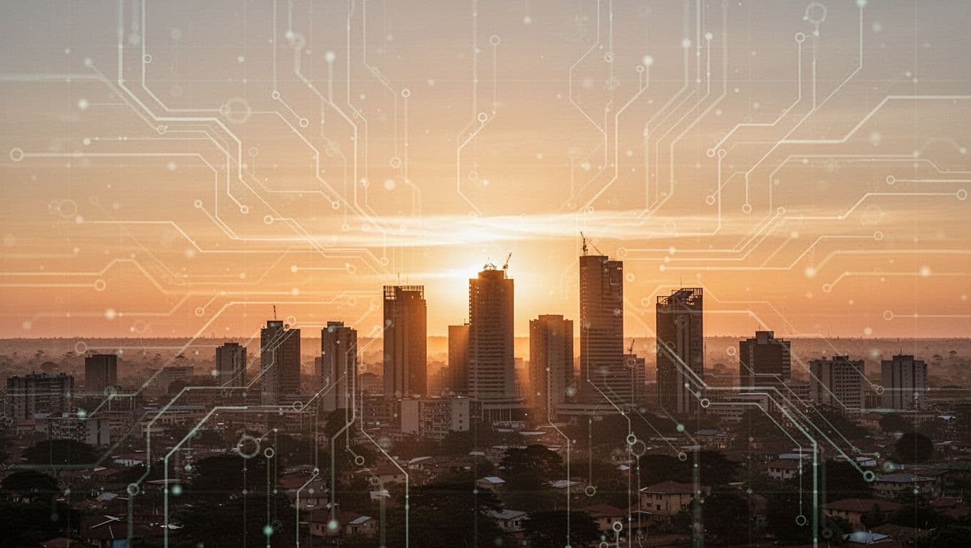 Vibrant Nairobi cityscape at sunset with floating digital web elements like code lines and website wireframes, capturing a modern tech vibe. No people, text, or logos included.