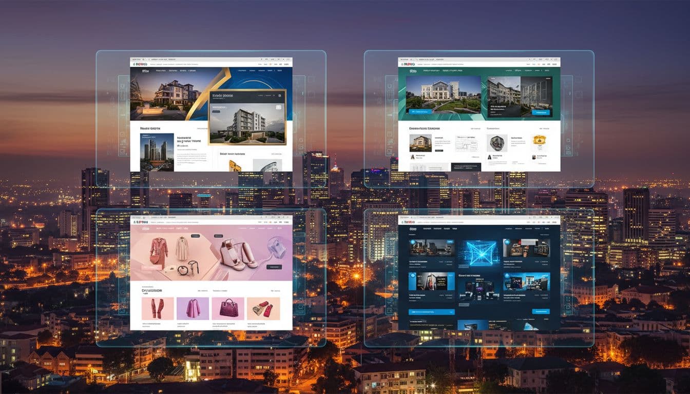 Nairobi skyline at dusk featuring floating transparent screens displaying responsive real estate and eCommerce website designs, with vibrant city lights below in a futuristic realistic style.