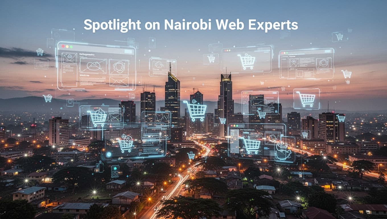 Nairobi skyline at dusk with floating digital overlays of website wireframes and shopping cart icons, symbolizing local Kenyan web development expertise amid vibrant city lights in a futuristic yet realistic style.
